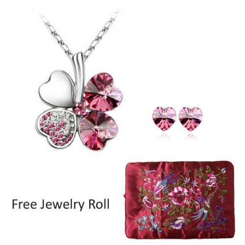 Lucky Sweethearts Gold Plated Crystal Heart Shaped Four Leaf Clover Pendant Necklace and Earrings Jewelry Set + Large Burgundy Silk Embroidered Jewelry Roll