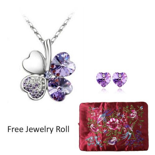 Lucky Sweethearts Gold Plated Crystal Heart Shaped Four Leaf Clover Pendant Necklace and Earrings Jewelry Set + Large Burgundy Silk Embroidered Jewelry Roll