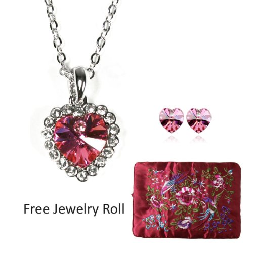 Rose Red Crystal Heart Gold Plated Necklace and Earrings Jewelry Set + Large Burgundy Silk Embroidered Jewelry Roll