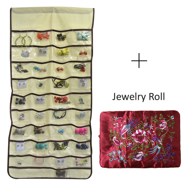 80 Pocket Hanging Jewelry Organizer + Large Burgundy Silk Embroidered Jewelry Roll