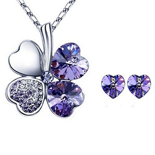 Lucky Sweethearts Gold Plated Crystal Heart Shaped Four Leaf Clover Pendant Necklace and Earrings Jewelry Set