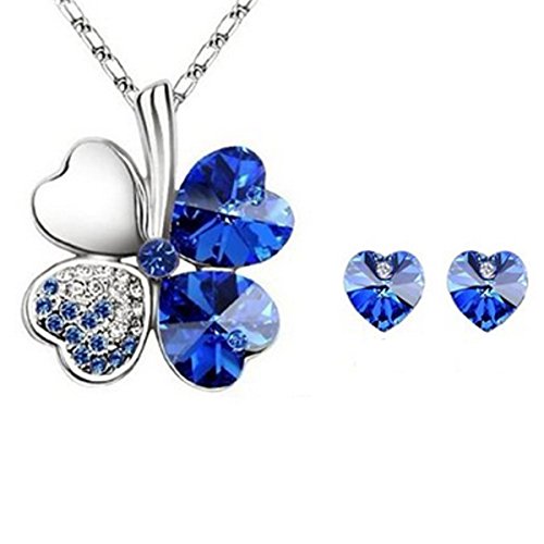 Lucky Sweethearts Gold Plated Crystal Heart Shaped Four Leaf Clover Pendant Necklace and Earrings Jewelry Set