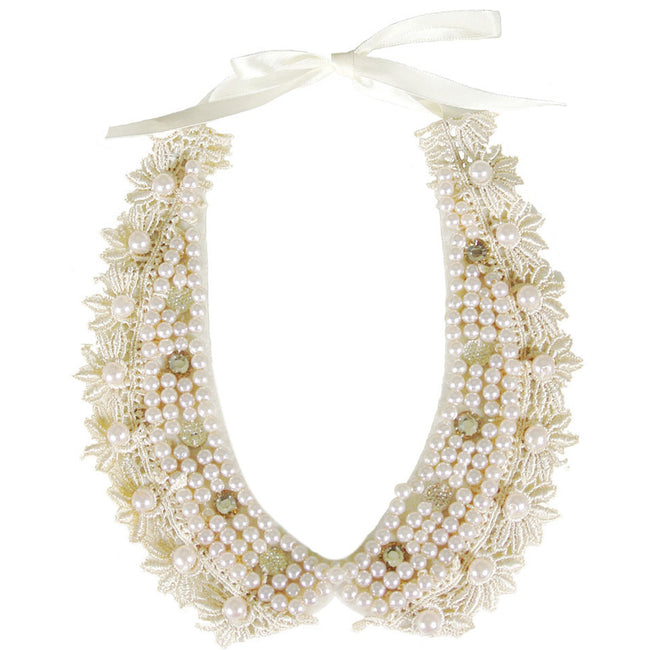 Champagne Lace and Faux Pearls Cloth Collar Necklace