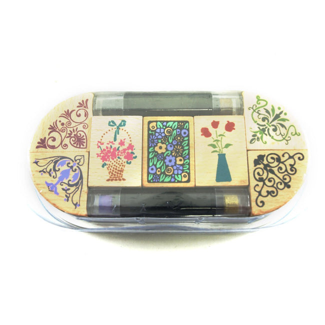 Rubber Stamp Set, 7pc set + 2 ink pens