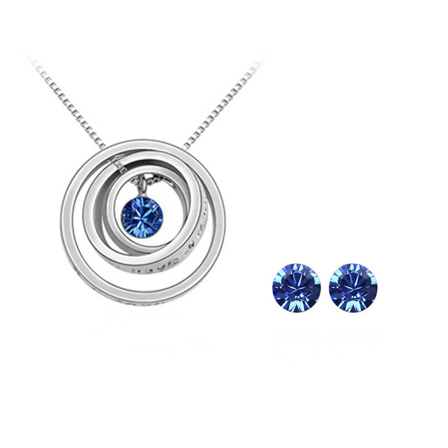 Blue Jewelry Set - Triple Rings Pendant Necklace and Earrings