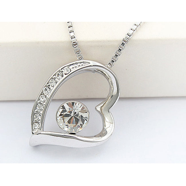 White Crystal Jewelry Set - Heart Pendant Necklace and Earrings