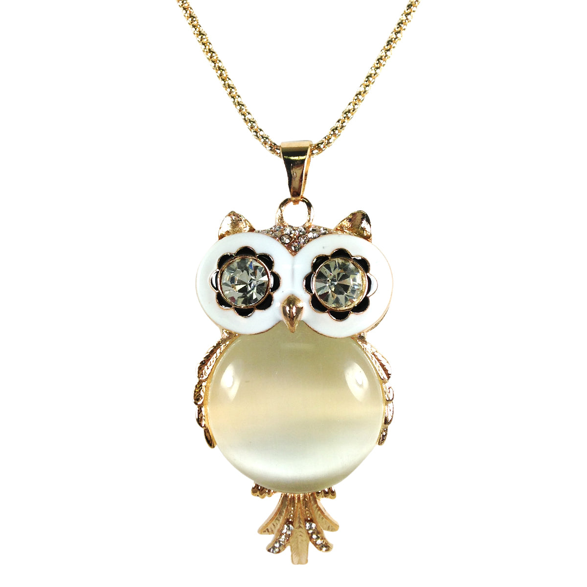 Long Vintage White Belly Gold Plated Owl Pendant Necklace