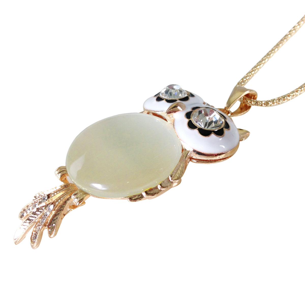 Long Vintage White Belly Gold Plated Owl Pendant Necklace