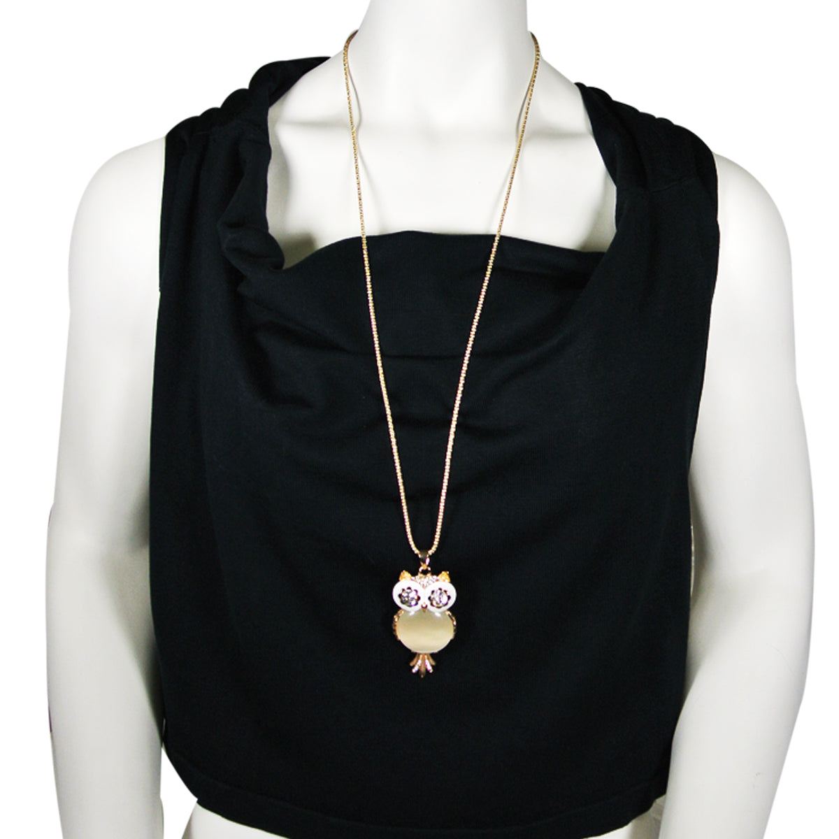 Long Vintage White Belly Gold Plated Owl Pendant Necklace
