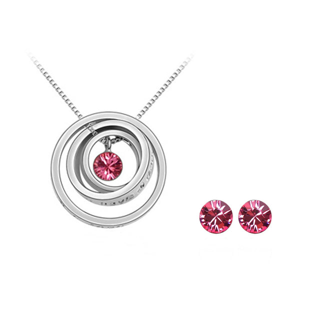 Rose Red Jewelry Set - Triple Rings Pendant Necklace and Earrings