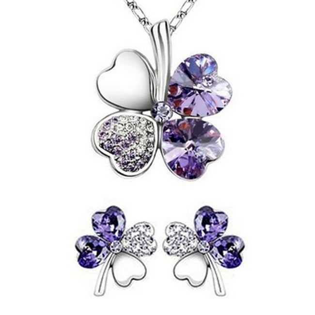 Gold Plated Crystal Four Leaf Clover Pendant Necklace and Earrings Jewelry Set