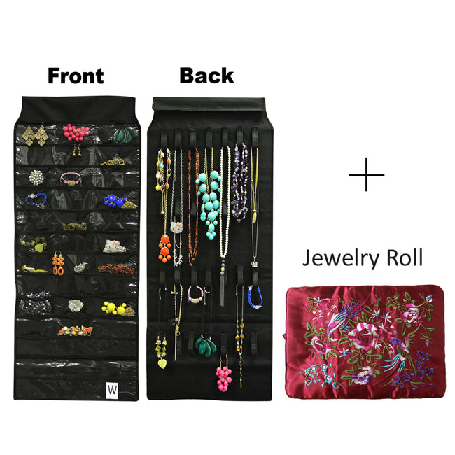 39 Pocket Black Polyester Hanging Jewelry Organizer with 28 Holding Loops + Large Burgundy Silk Embroidered Jewelry Roll