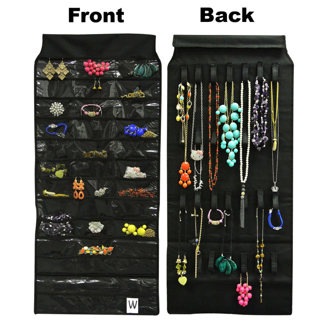 39 Pocket Black Polyester Hanging Jewelry Organizer with 28 Holding Loops + Large Burgundy Silk Embroidered Jewelry Roll