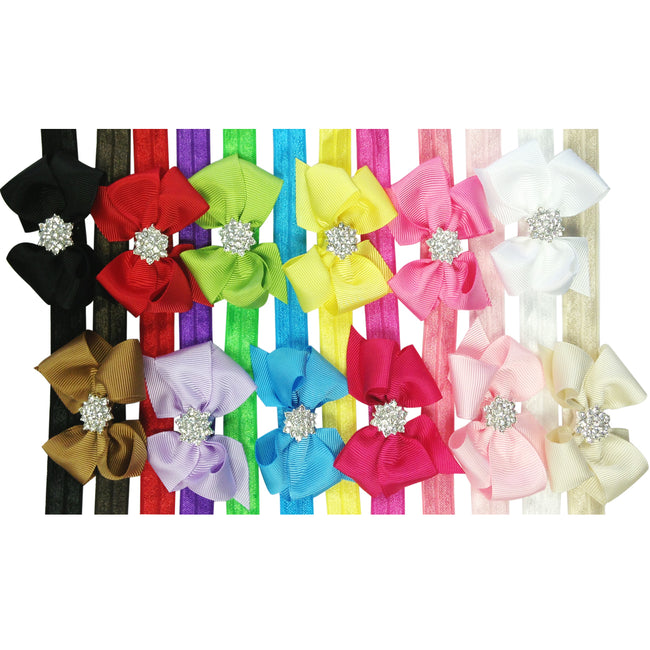 Kella Milla Ribbon Bow with Rhinestone Button Center Stretchy Headband, Set of 12