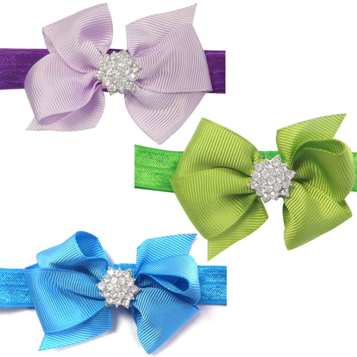 Kella Milla Ribbon Bow with Rhinestone Button Center Stretchy Headband, Set of 12