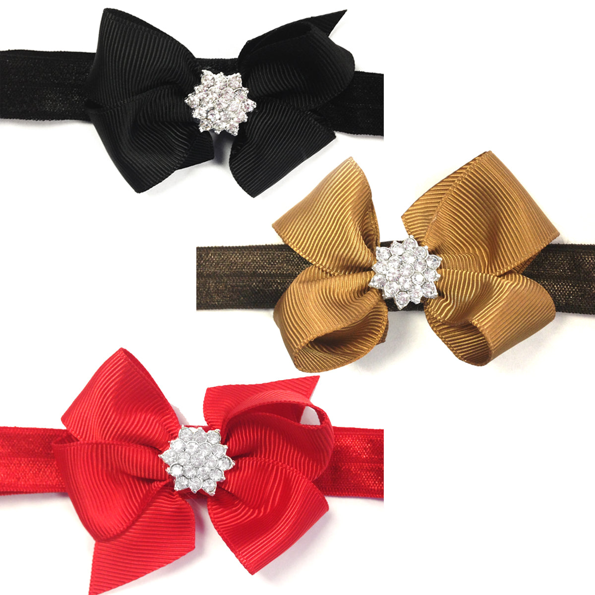 Kella Milla Ribbon Bow with Rhinestone Button Center Stretchy Headband, Set of 12