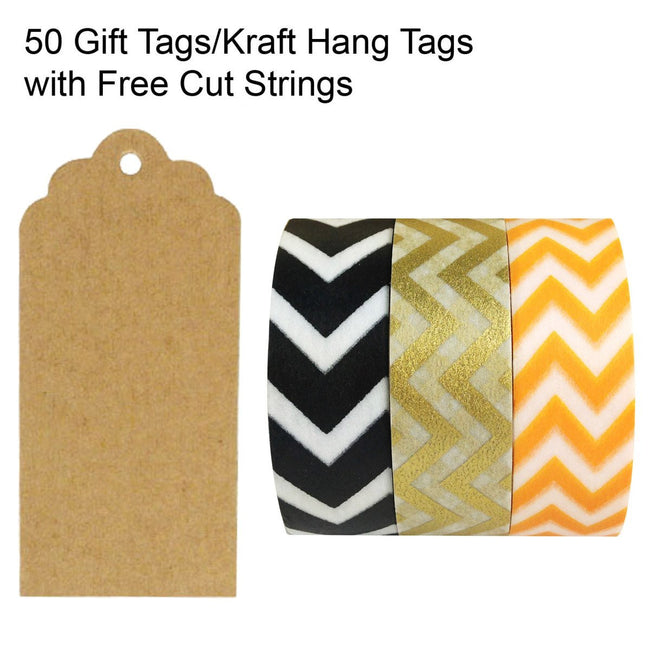 Wrapables 50 Scalloped Gift Tags/Kraft Hang Tags with Free Cut Strings & Set of 3 Washi Tape