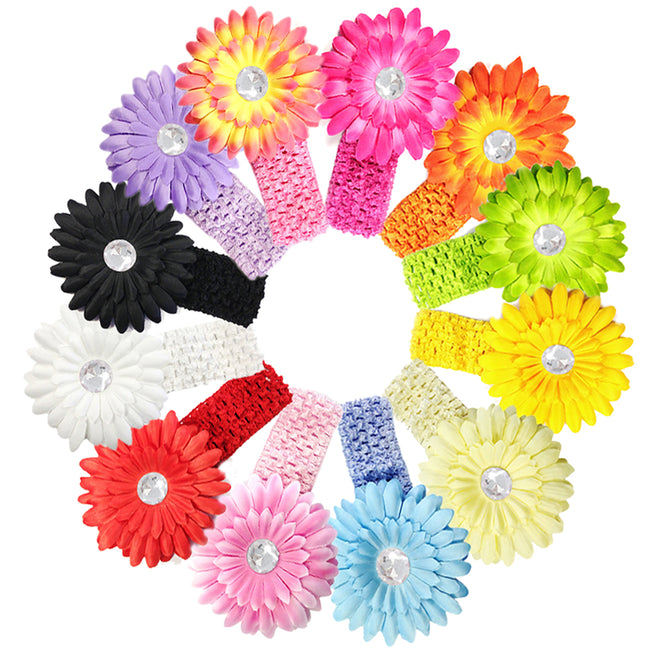 Kella Milla Assorted Gerber Daisy Flower Hair Clips With Soft Stretchy Crochet Baby Headbands (24 Pack, 12 Flowers + 12 Headbands)