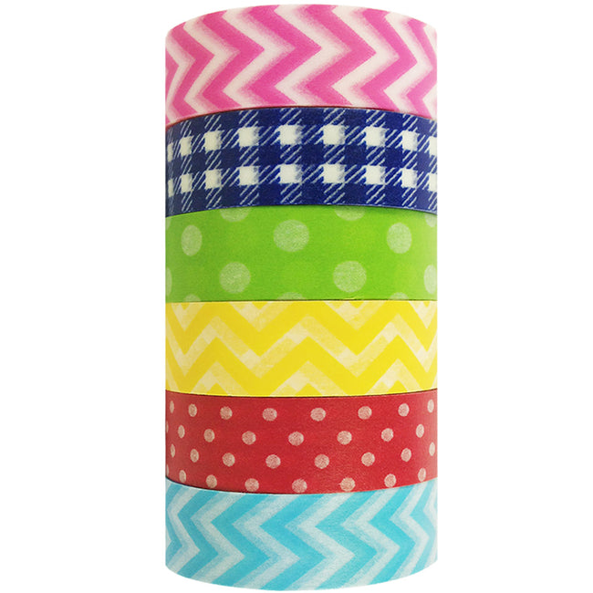 Wrapables Electro Fun Chevron, Stripes & Dots Japanese Masking Tapes Washi Tapes, Set 6