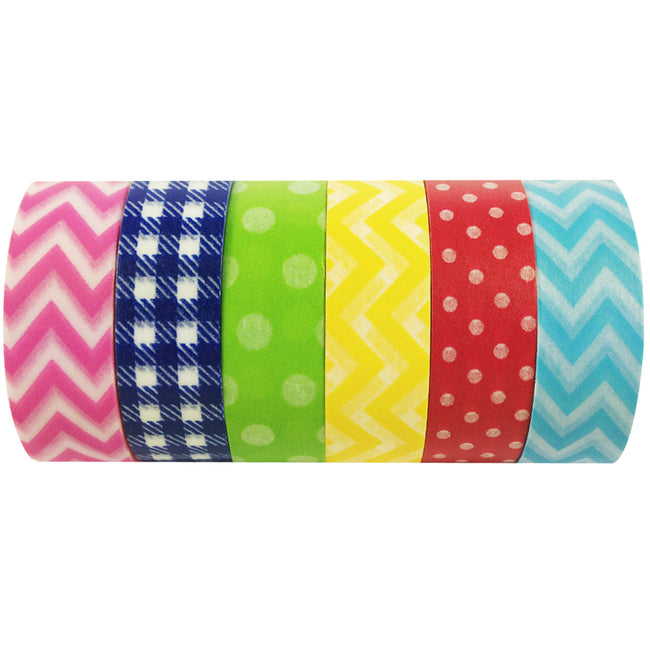 Wrapables Electro Fun Chevron, Stripes & Dots Japanese Masking Tapes Washi Tapes, Set 6