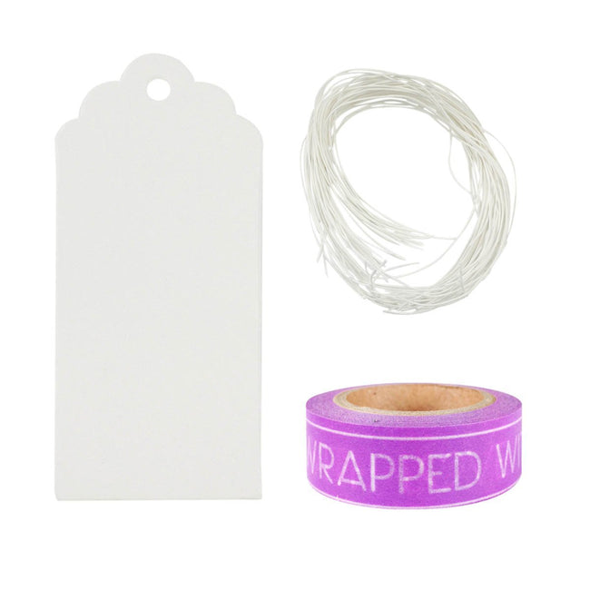Wrapables 50 White Scallop Gift Tags with Free Cut String & 1 Washi Roll