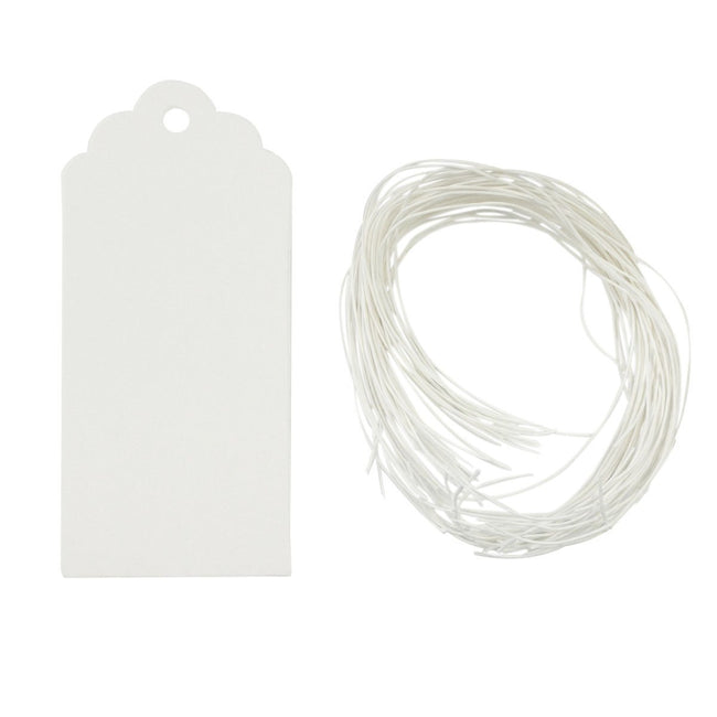 Wrapables 50 White Scallop Gift Tags with Free Cut String & 1 Washi Roll