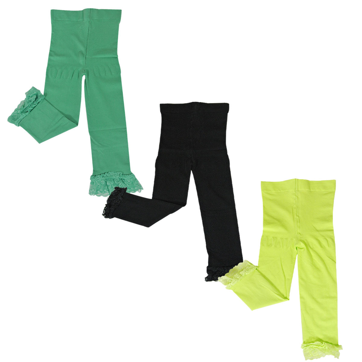Wrapables Toddler Stretch Leggings with Lace Trim, Set of 3 (Blue, Green, Black)
