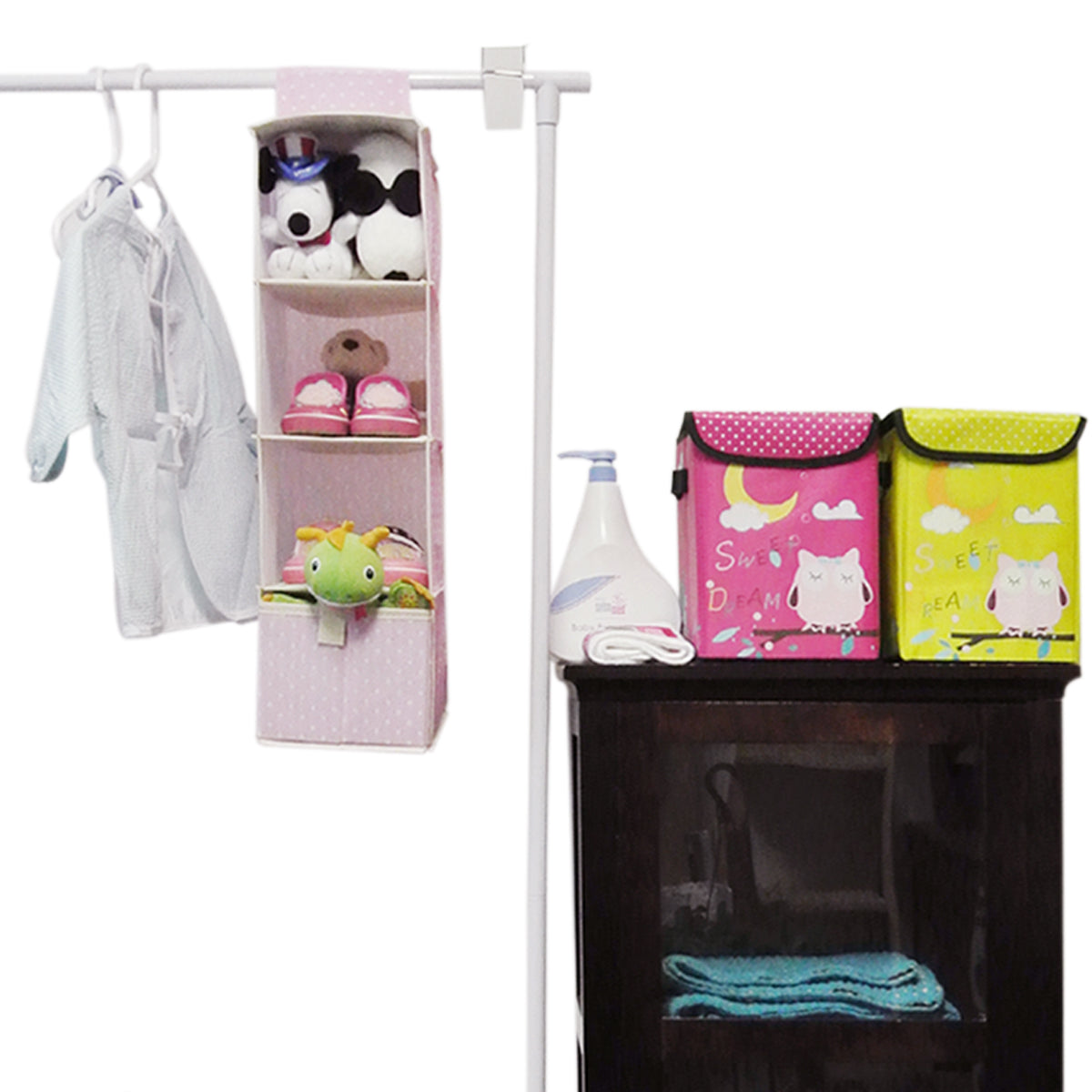 Wrapables 3 Shelf With 1 Drawer Hanging Nursery Closet Organizer, Pink