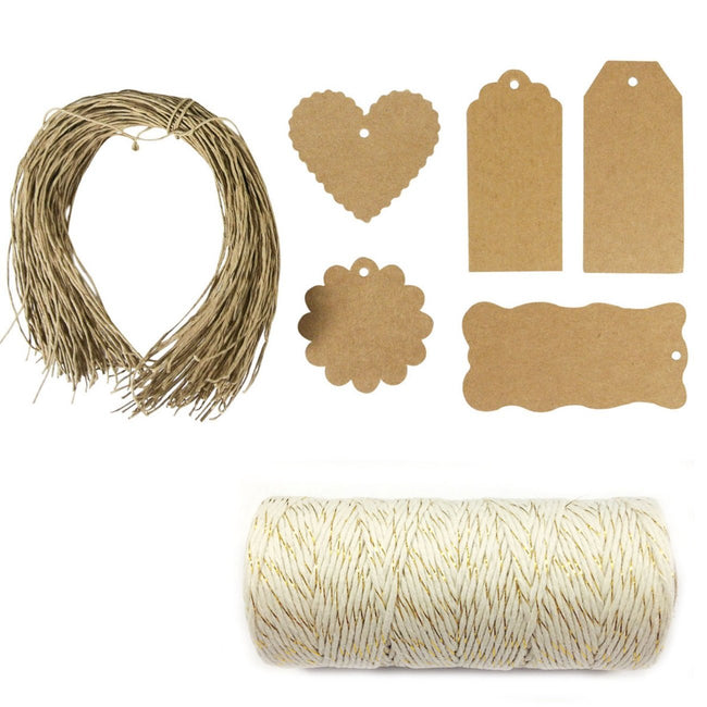 Wrapables 100 Brown Gift Tags with Free Cut String + Cotton Baker's Twine 12ply 110 Yard, White/Gold Metallic