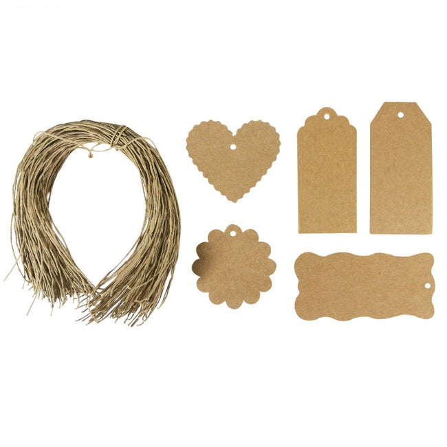 Wrapables 100 Brown Gift Tags with Free Cut String + Cotton Baker's Twine 12ply 110 Yard, White/Gold Metallic