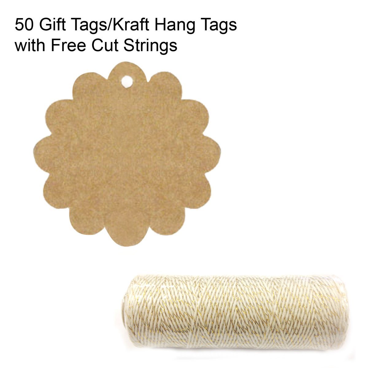 Wrapables 50 Flower Gift Tags/Kraft Hang Tags with Free Cut Strings + Cotton Baker's Twine 4ply 110 Yard, Metallic Gold