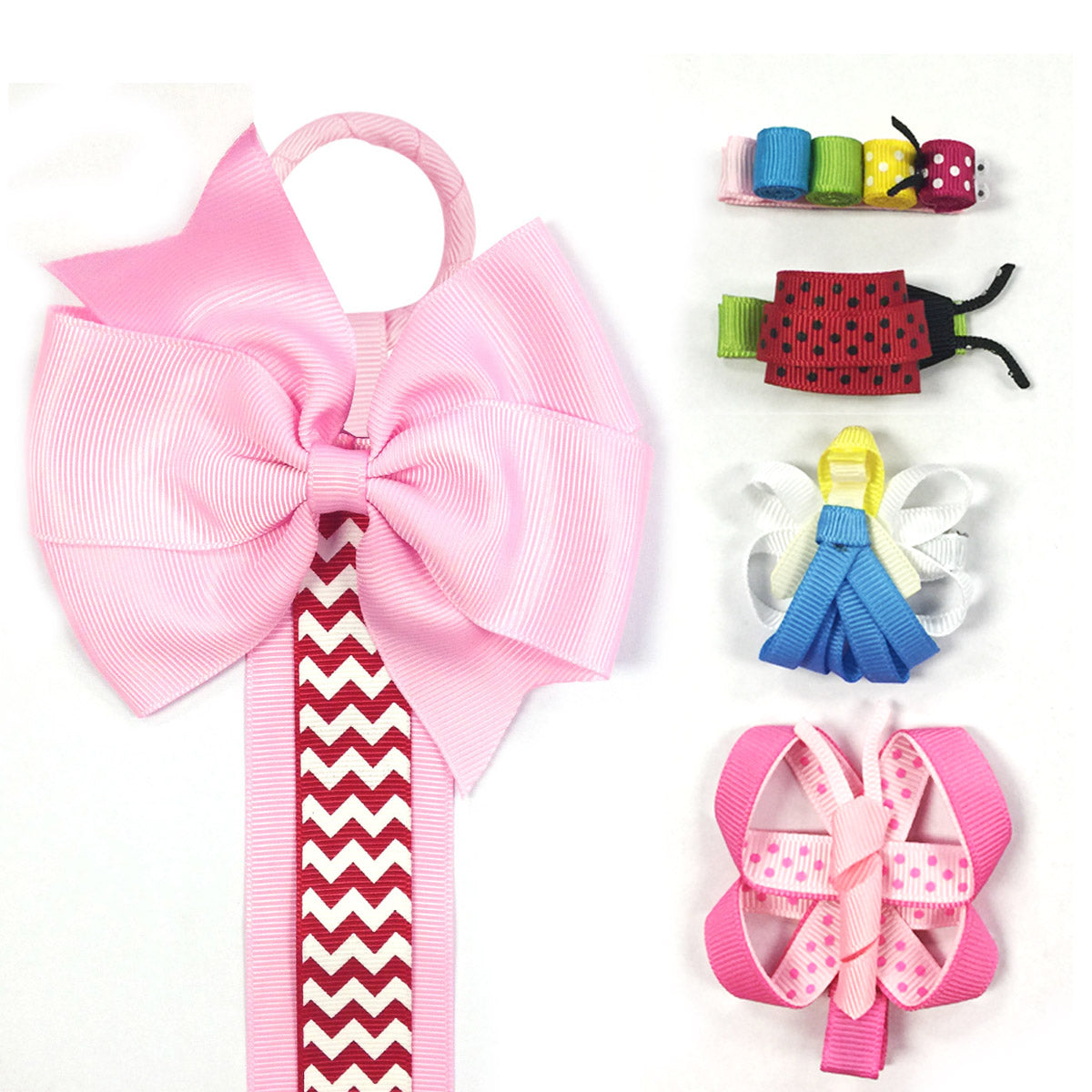 Wrapables Angel, Butterfly, Ladybug, Caterpillar Ribbon Sculpture Hair Clips with Chevron Hair Clip / Hair Bow Holder