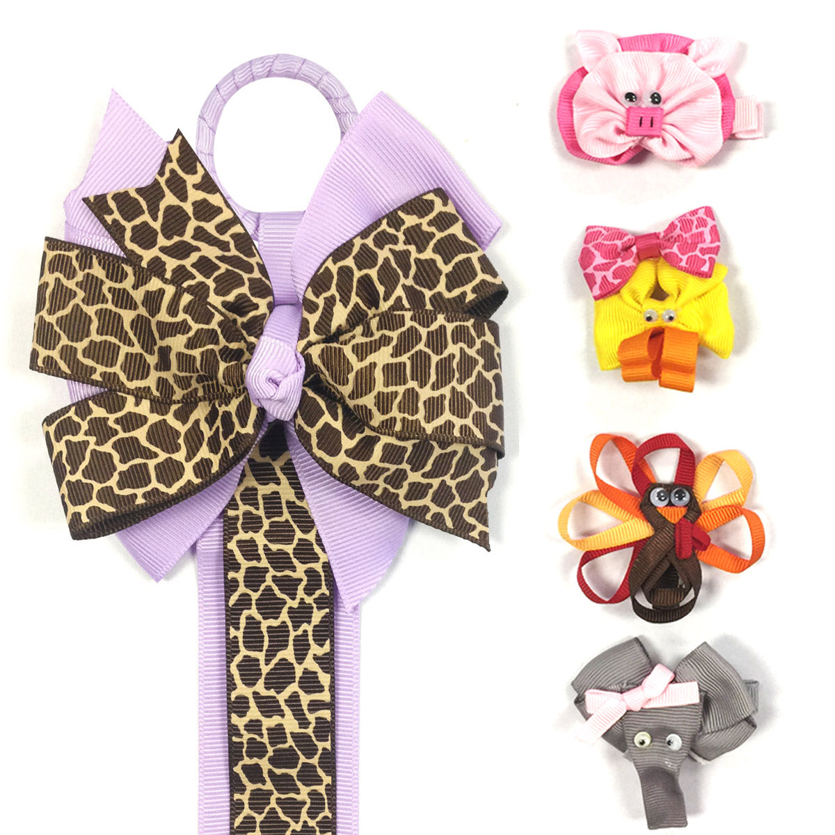 Wrapables Duck, Turkey, Elephant, Pig Ribbon Sculpture Hair Clips with Leopard Hair Clip / Hair Bow Holder