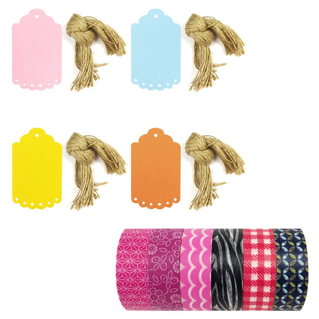 Wrapables Set of 6 Washi Tape + 40 Large Scalloped Multi-Color Gift Tags with Cut Strings