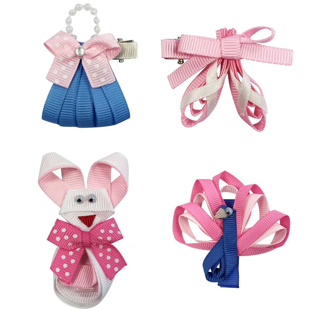 Wrapables Peacock, Bunny, Purse, Ballet Shoes Ribbon Sculpture Hair Clips Set