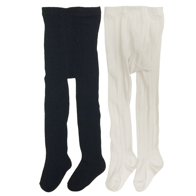 Wrapables Black and White Thick Winter Cotton Ribbed Tights for Girls (Set of 2)
