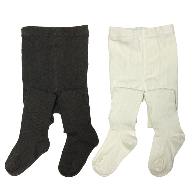 Wrapables Black and White Thick Winter Cotton Ribbed Tights for Girls (Set of 2)