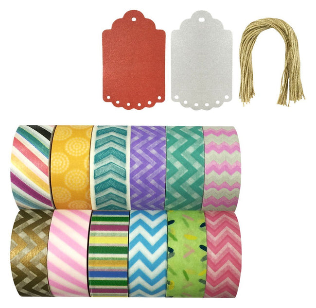 Wrapables Set of 12 Washi Tapes Decorative Masking Tapes + 20 Shimmer Tags