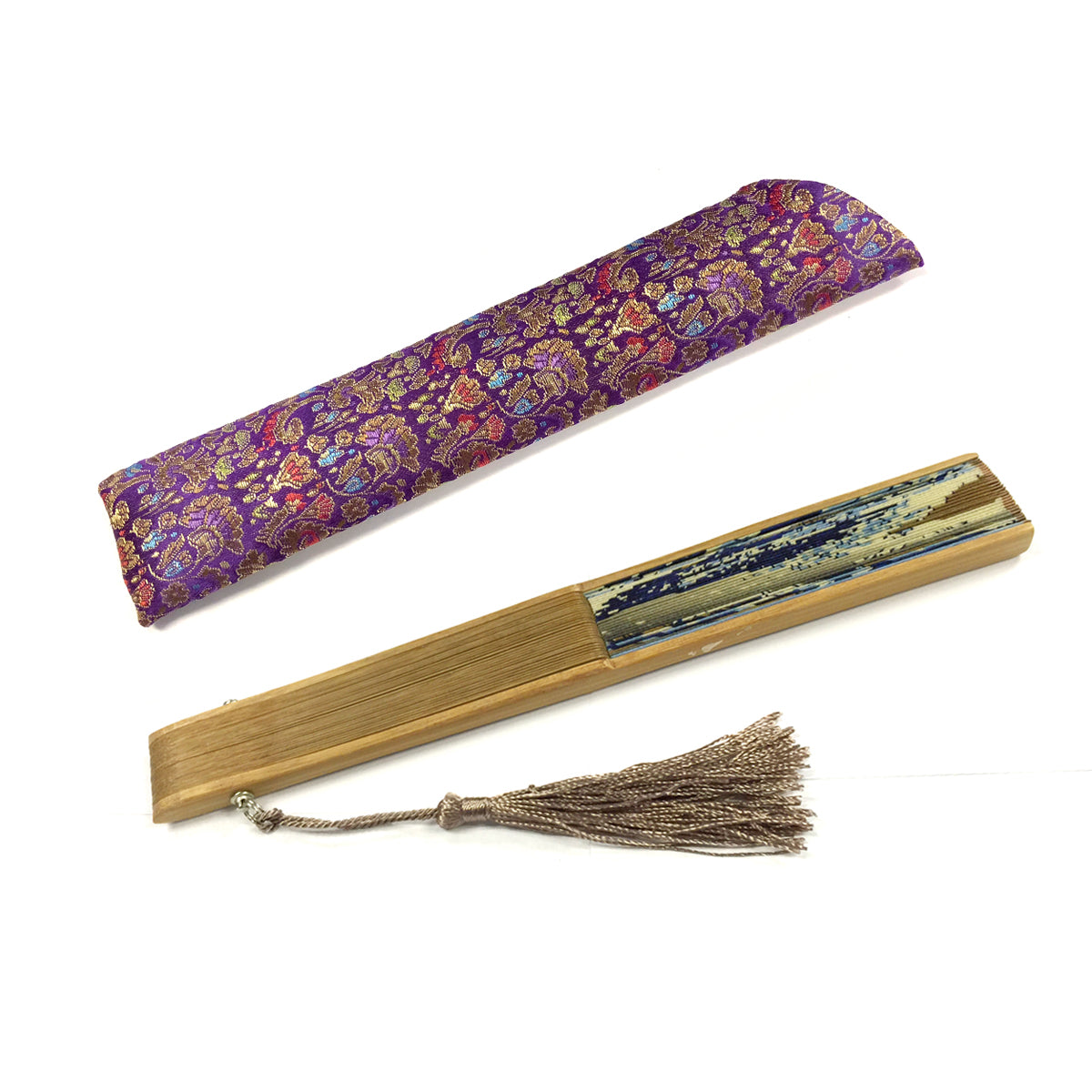 Wrapables Silk Handheld Folding Fan with Tassel and Protective Sleeve
