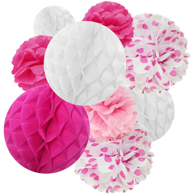 Wrapables Set of 21 Tissue Honeycomb Ball and Pom Pom Party Decorations, Pink/ Hot Pink/ White