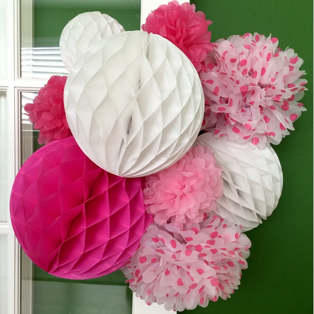 Wrapables Set of 21 Tissue Honeycomb Ball and Pom Pom Party Decorations, Pink/ Hot Pink/ White