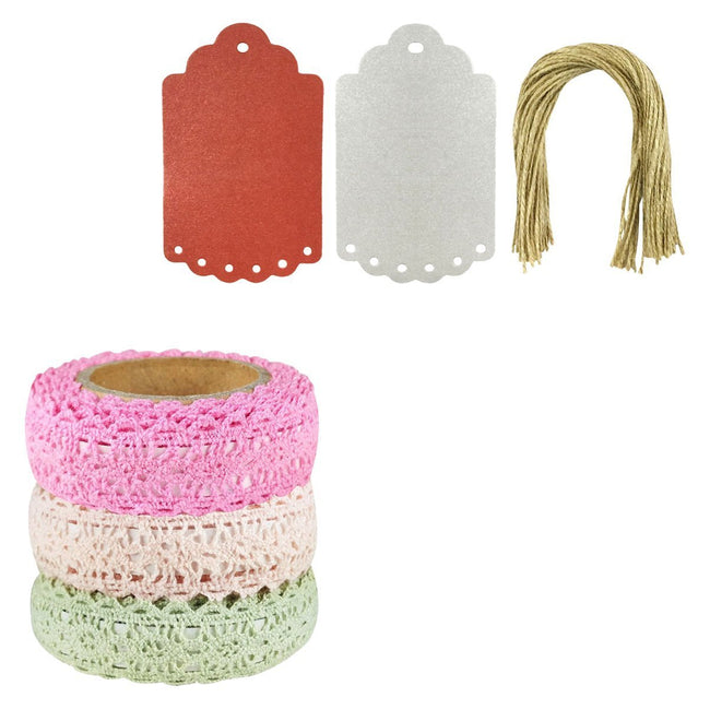 Wrapables 200cm x 15mm Decorative Lace Tape (Set of 3) with Shimmer Gift Tags