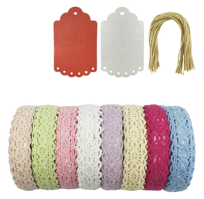 Wrapables Colorful Decorative Lace Tape Collection (Set of 8) with Shimmer Gift Tags, GRP01
