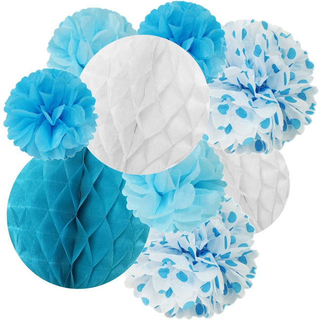 Wrapables Set of 21 Tissue Honeycomb Ball and Pom Pom Party Decorations, Blue/ Light Blue/ Aqua/ White