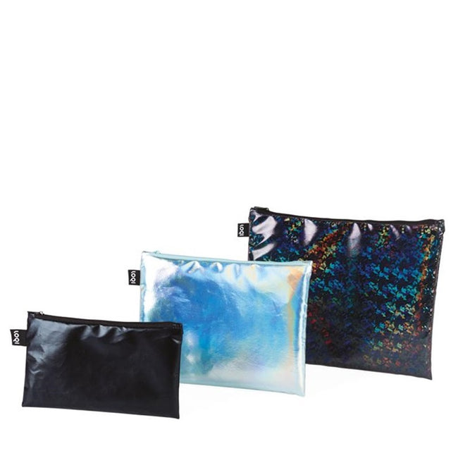 LOQI Metallic Zip Pockets (Set of 3), Black, Pearl, Prism
