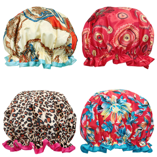 Wrapables Stylish Double Layer Waterproof Shower Caps (Set of 4)