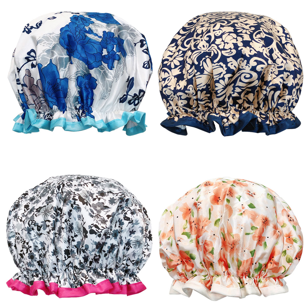 Wrapables Stylish Double Layer Waterproof Shower Caps (Set of 4)