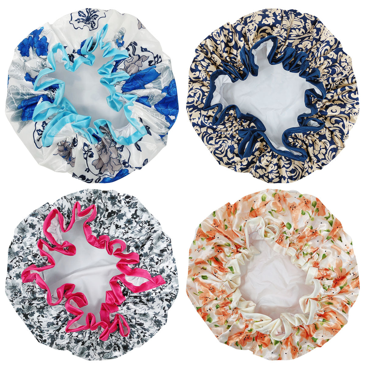 Wrapables Stylish Double Layer Waterproof Shower Caps (Set of 4)