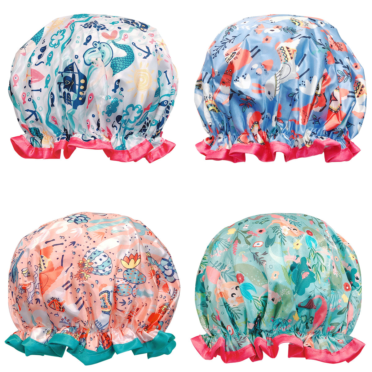 Wrapables Stylish Double Layer Waterproof Shower Caps (Set of 4)