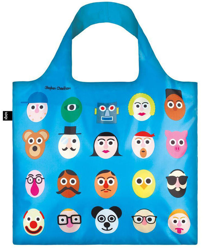 LOQI STEPHEN CHEETHAM Faces Blue Reusable Shopping Bag